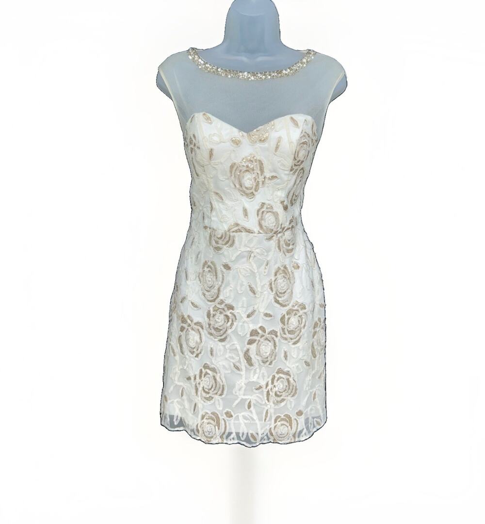 Sue Wong Nocturne Cocktail Dress Sz 8 Ivory Floral Embroidered Metallic Romantic